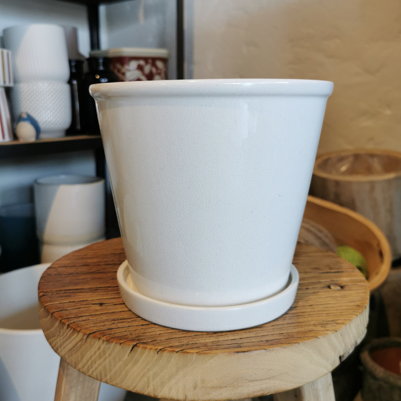 Ceramic Pot with Saucer - White