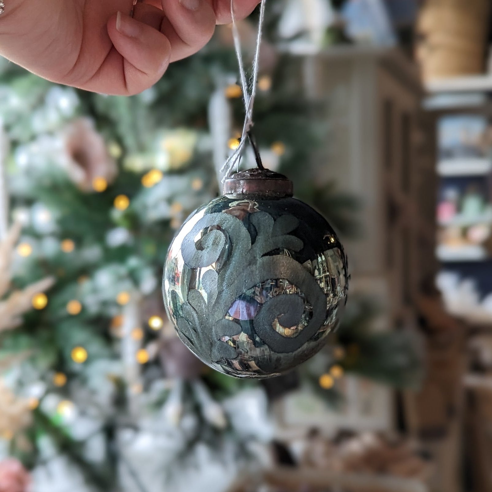 Blue Glass Vintage Ornament Etched