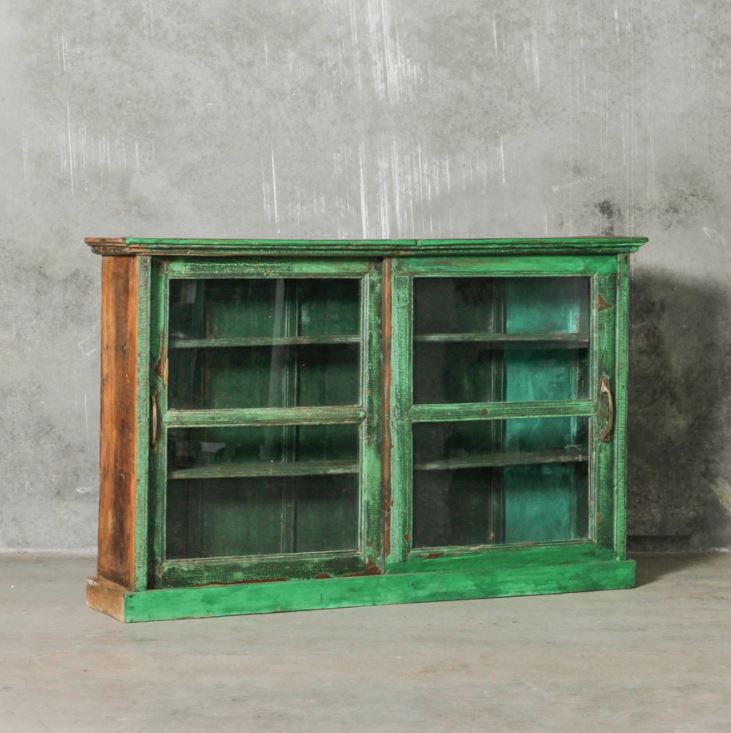 Green/Teak Sideboard with Glass Doors