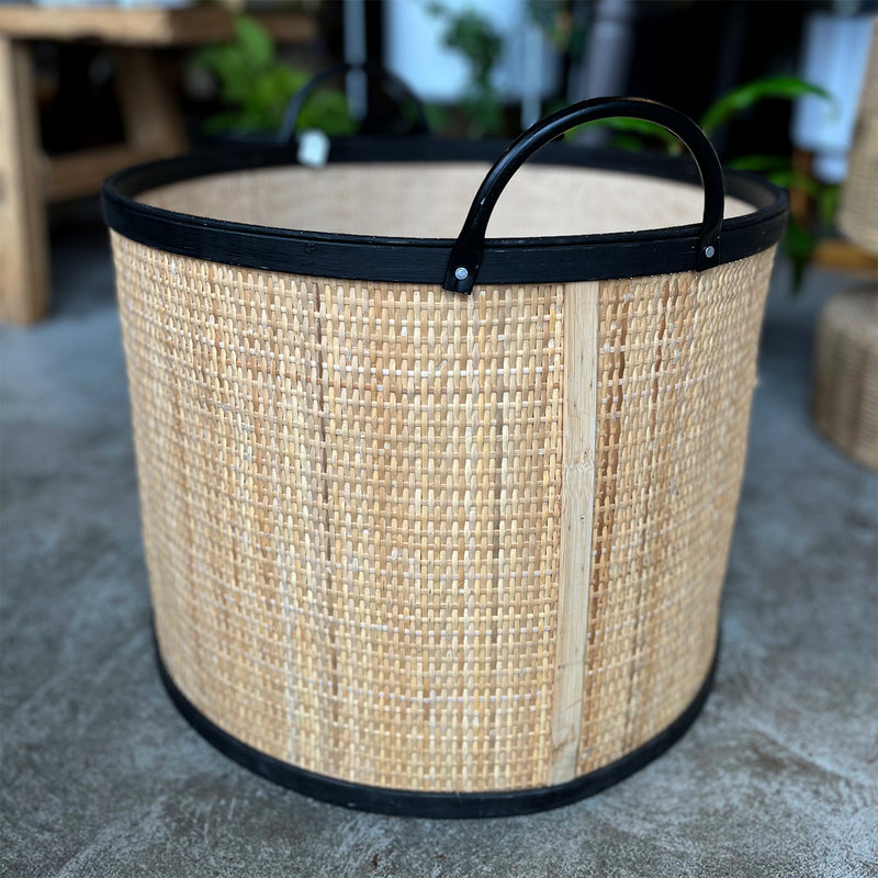 Rattan Basket with black trim and handles - large