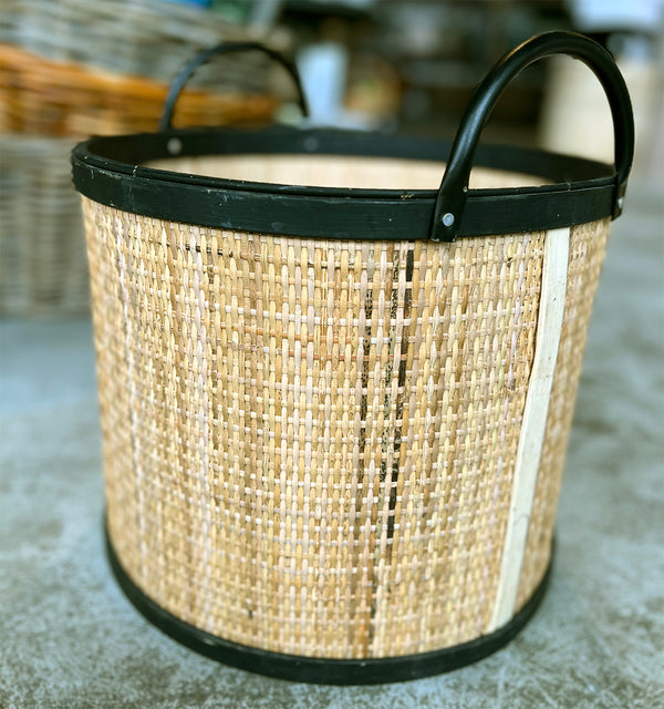 Rattan Basket with black trim and handles - small