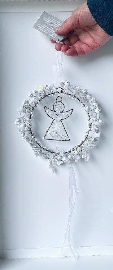 Round Christmas Decoration with Angel and White Trinkets- Handmade Fairtrade