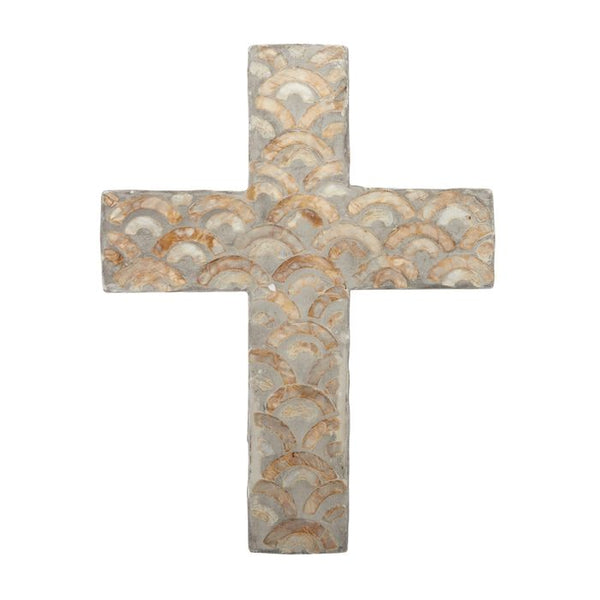 Cross wall hanging with decorative shell inlay on a white background