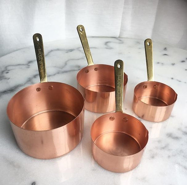 Copper plated measuring cups with brass handles - set of 4