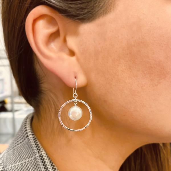 Silver Pearl Earring - Beaten Silver Ring
