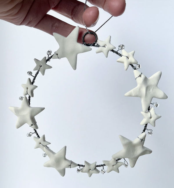 Round Christmas Decoration with White Stars - Handmade Fairtrade