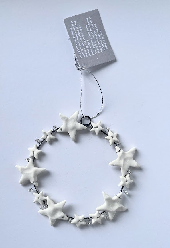 Round Christmas Decoration with White Stars - Handmade Fairtrade